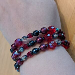 Red and Black Beaded Multi Wrap Memory Wire Statement Bracelet